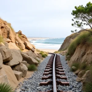 Coastal rail line with stabilization measures in California
