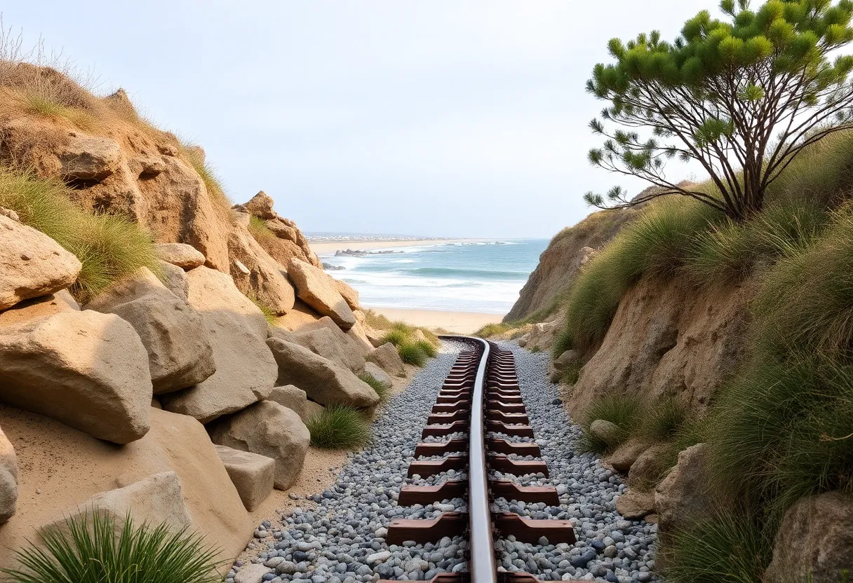 Coastal rail line with stabilization measures in California