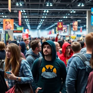 Fans at a comic convention enjoying interactive events