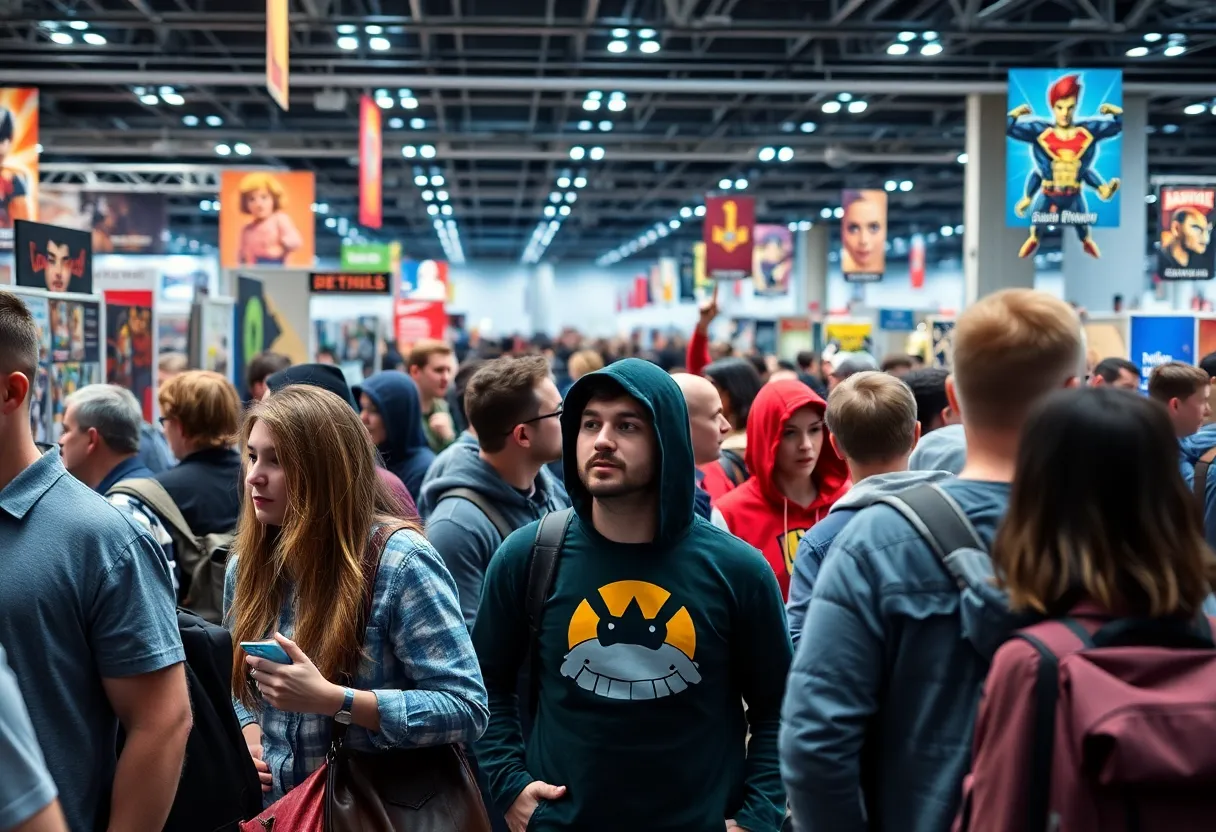 Fans at a comic convention enjoying interactive events