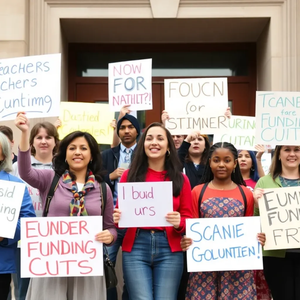 Rally attendees holding signs opposing education funding cuts