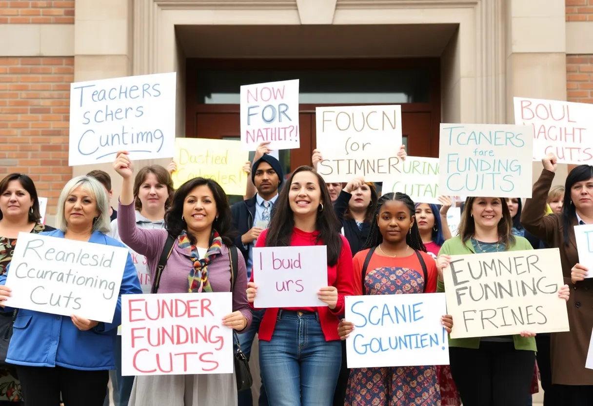 Rally attendees holding signs opposing education funding cuts
