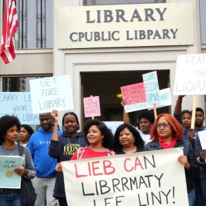 Community members rallying outside a public library for library rights