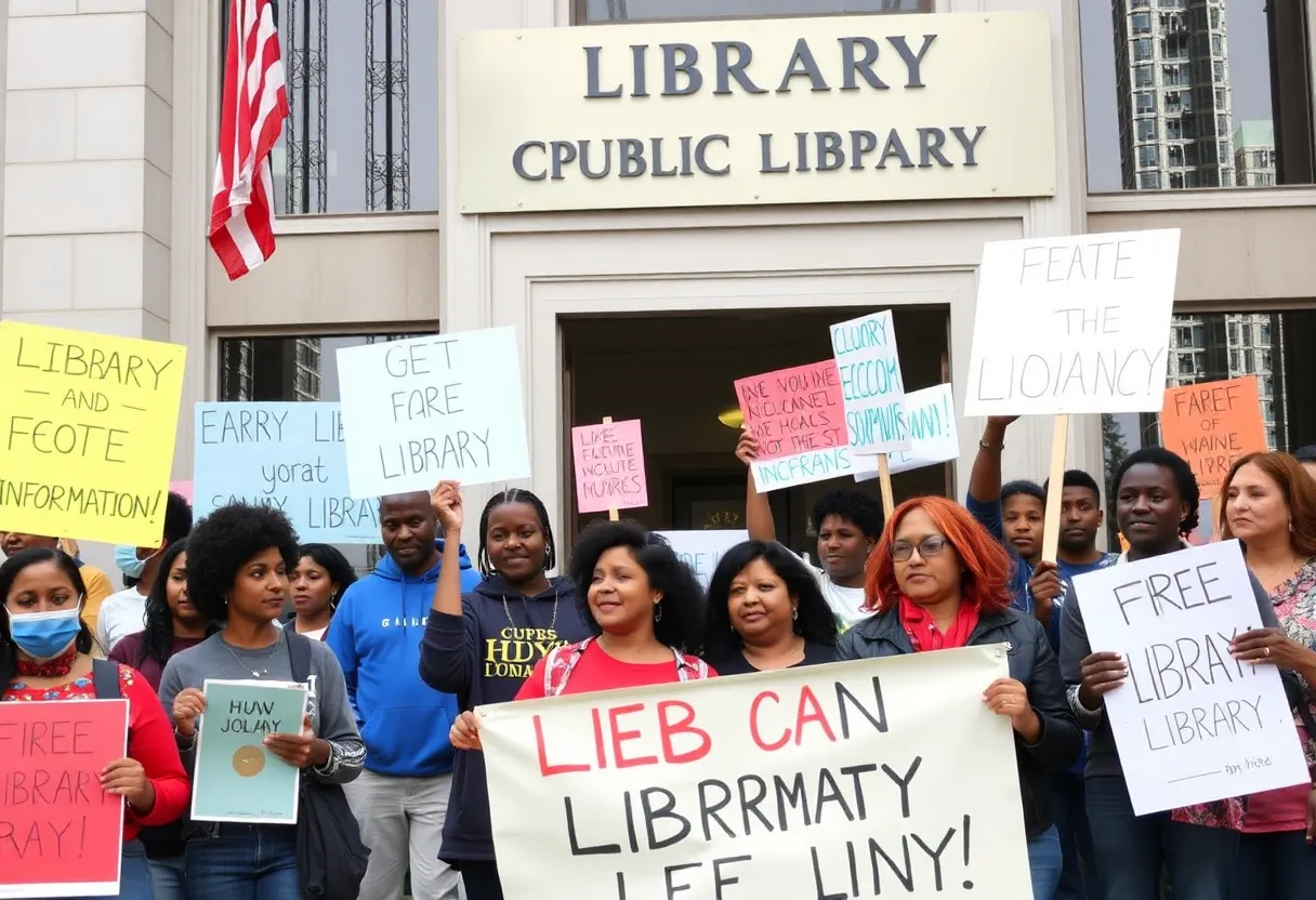 Community members rallying outside a public library for library rights