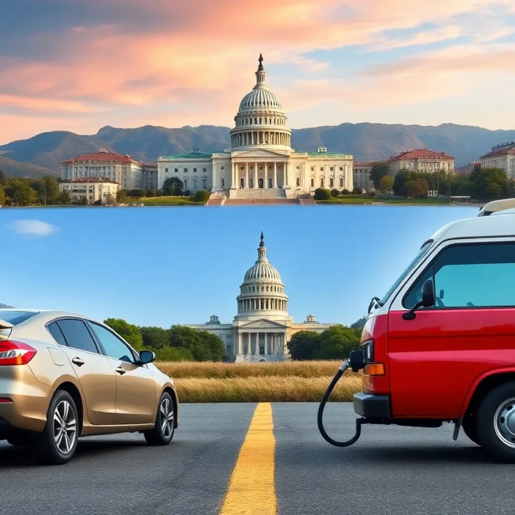 Visual representation of U.S. Congress debating environmental policies related to gas-powered vehicles.