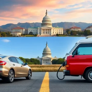 Visual representation of U.S. Congress debating environmental policies related to gas-powered vehicles.