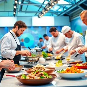 Chefs competing in a vibrant kitchen setting during a cooking challenge.