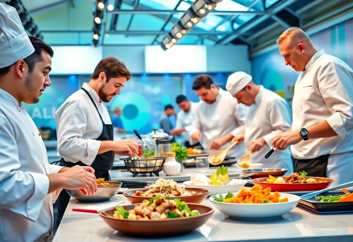Chefs competing in a vibrant kitchen setting during a cooking challenge.
