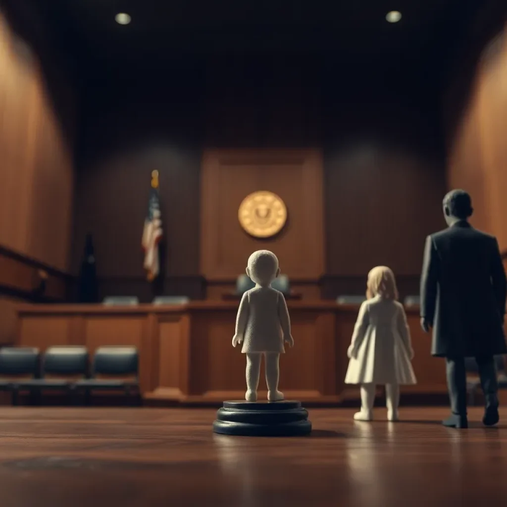 Courtroom scene illustrating themes of justice and child safety