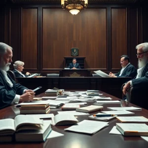 A depiction of judges in a courtroom discussing legal issues.
