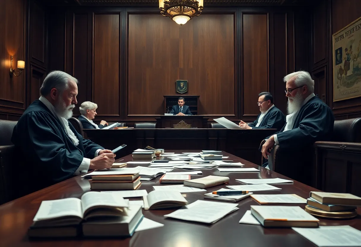 A depiction of judges in a courtroom discussing legal issues.