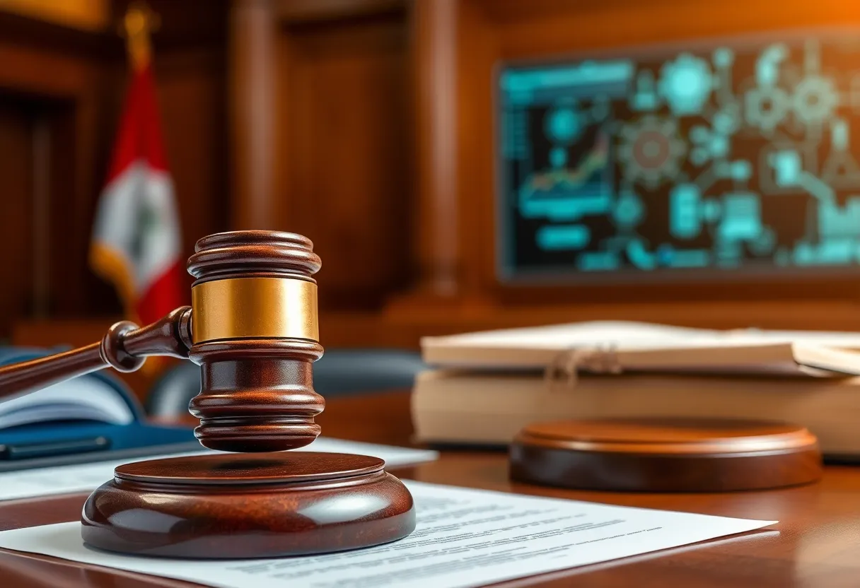 Courtroom with gavel and legal documents related to technology ruling