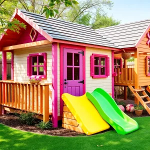 A vibrant custom playhouse in a backyard for children.