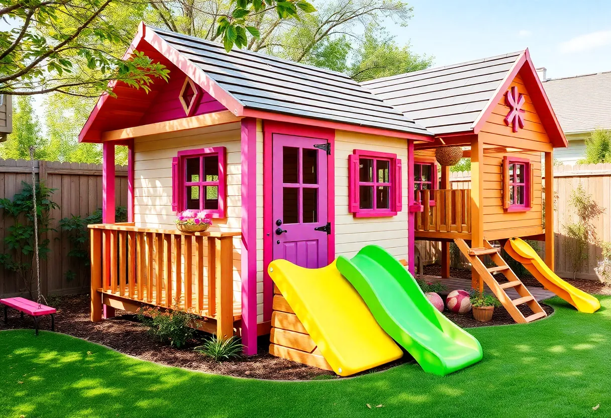 A vibrant custom playhouse in a backyard for children.