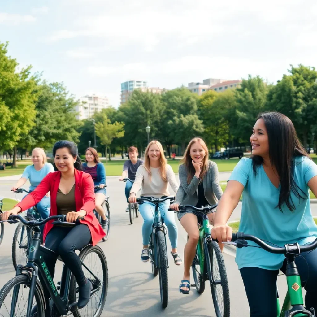 A diverse group of individuals riding electric bicycles in a park.