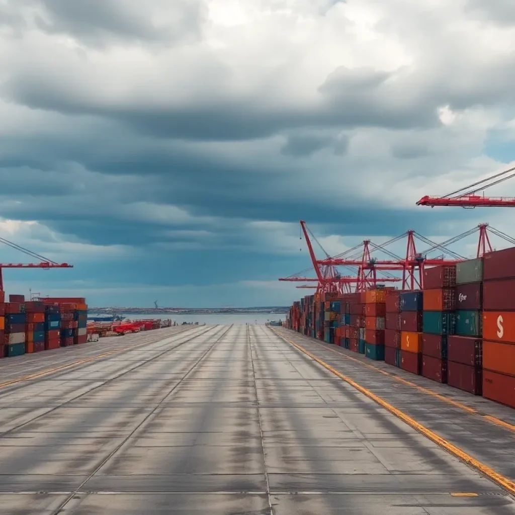 View of empty docks at a California port showing limited cargo ships
