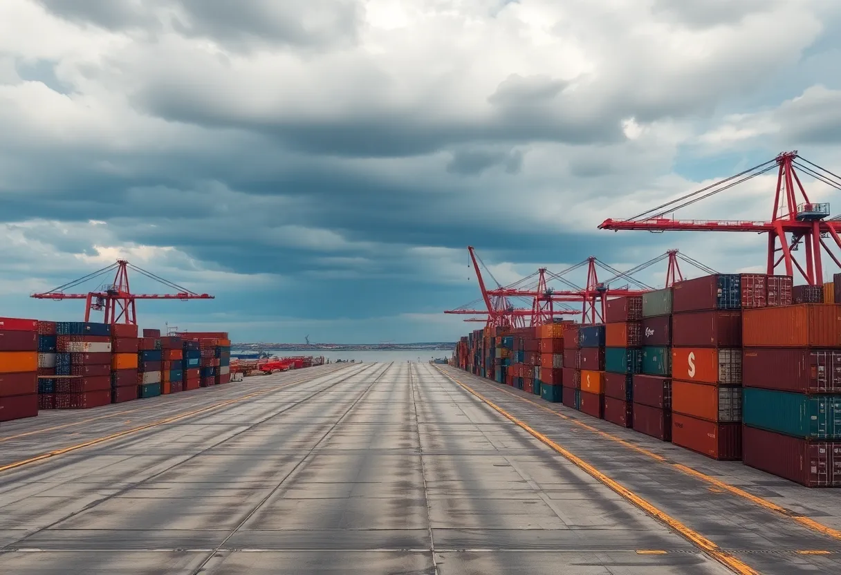 View of empty docks at a California port showing limited cargo ships
