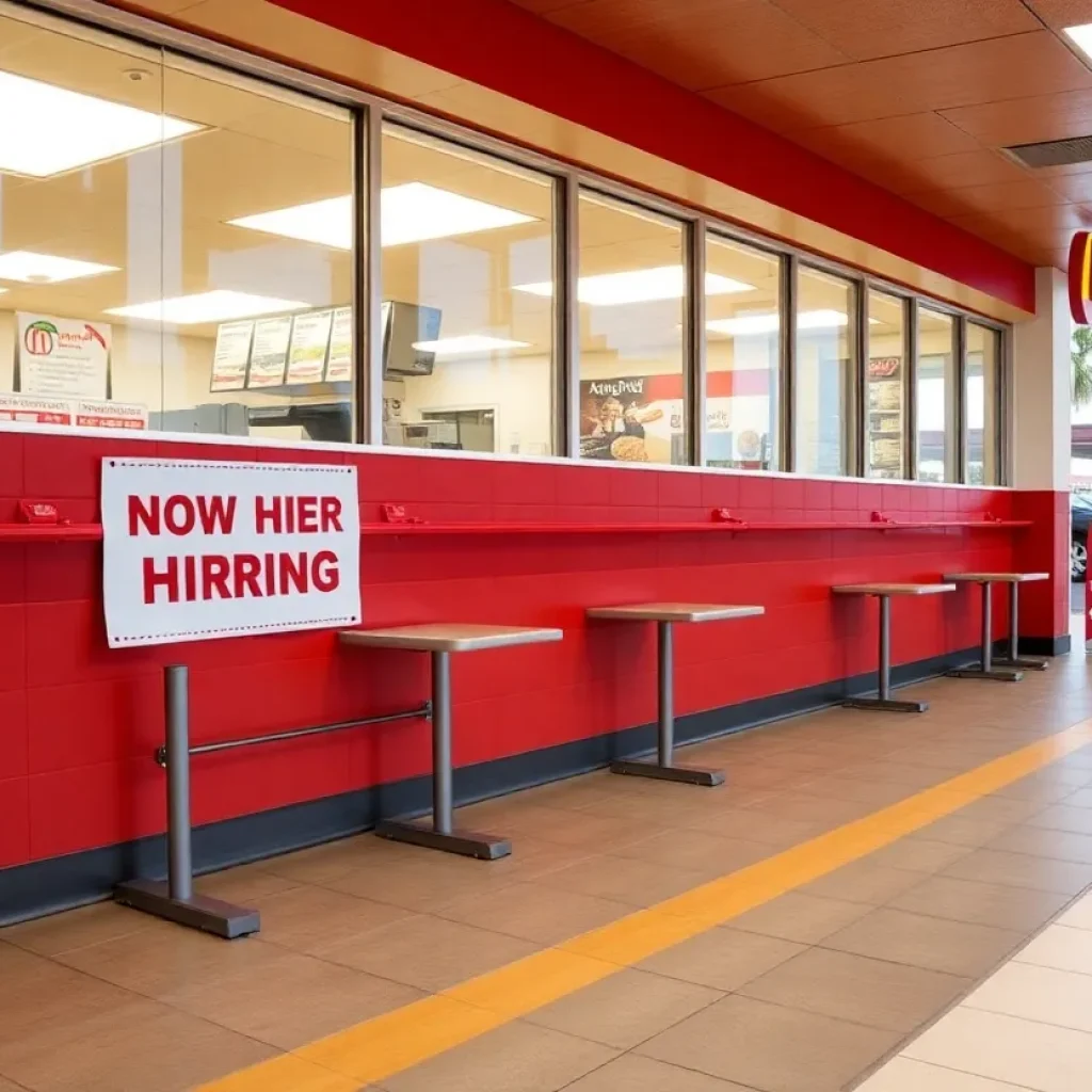 Empty fast food restaurant with hiring sign