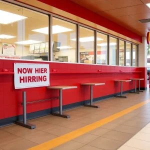 Empty fast food restaurant with hiring sign