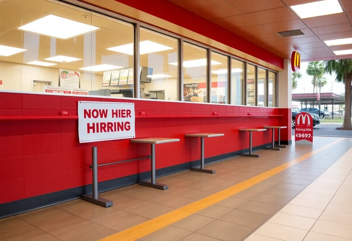 Empty fast food restaurant with hiring sign