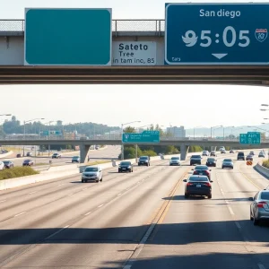Scene of a highway with a focus on traffic patterns and pedestrian safety.