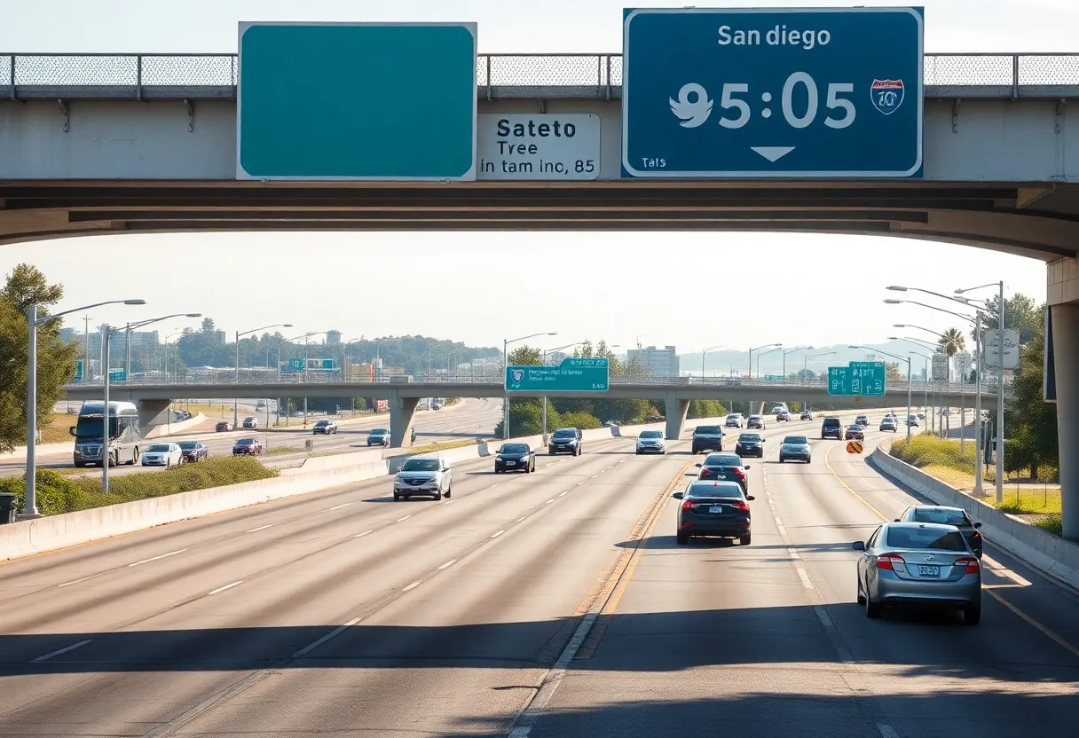 Scene of a highway with a focus on traffic patterns and pedestrian safety.