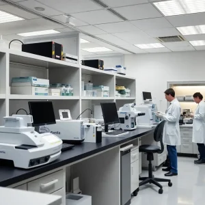 Forensic lab with medical examiners and toxicology equipment