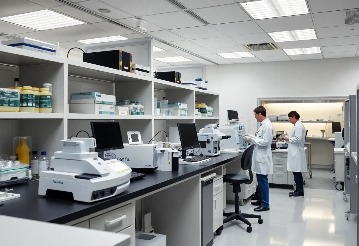 Forensic lab with medical examiners and toxicology equipment