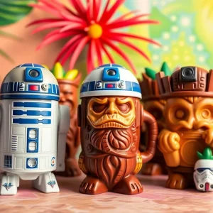 Display of Geeki Tikis mugs inspired by popular culture