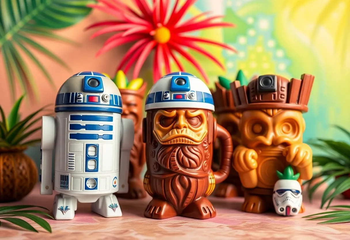 Display of Geeki Tikis mugs inspired by popular culture