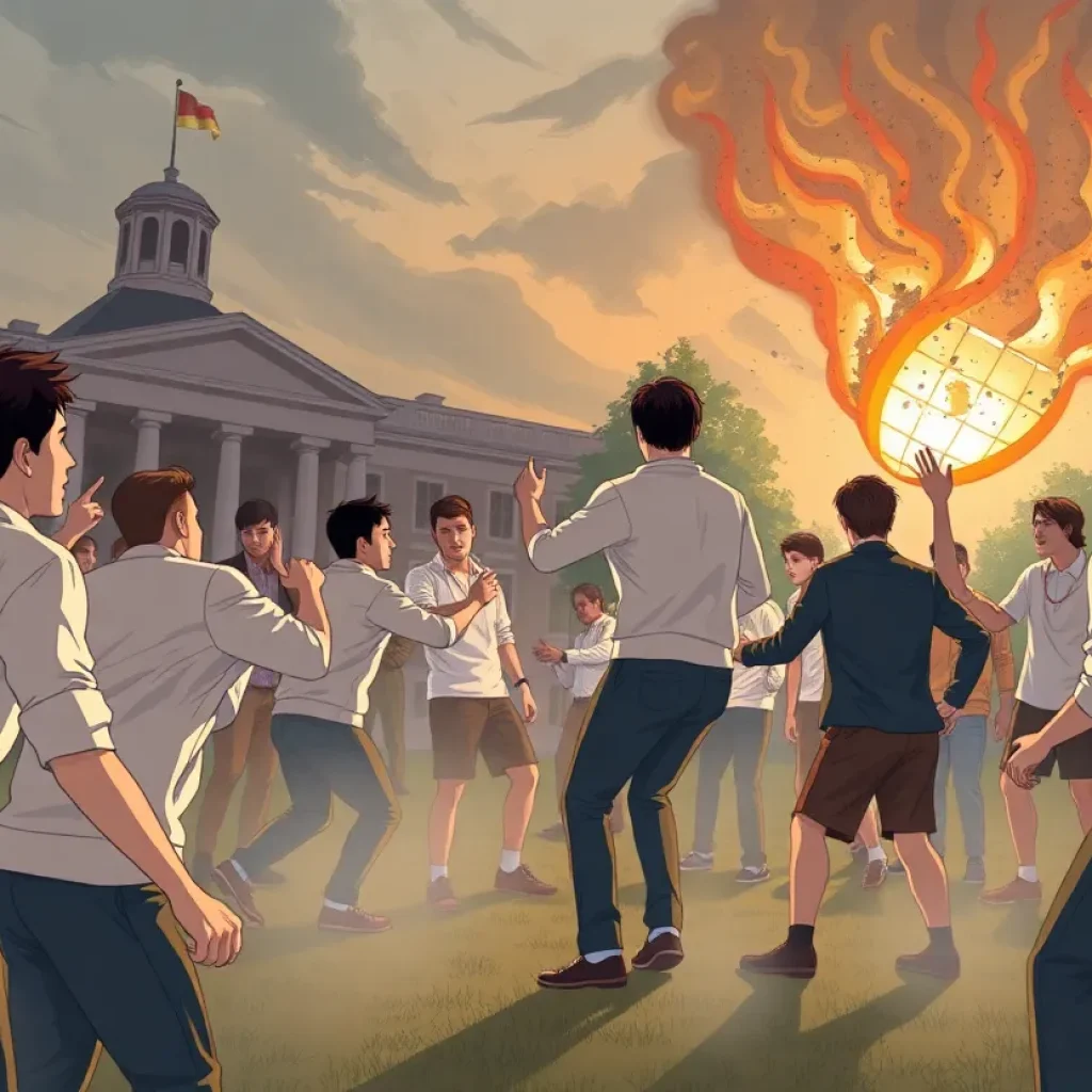 Illustration of a hazing event at a university fraternity.
