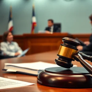 Courtroom setting with judge and legal documents, representing healthcare fraud case