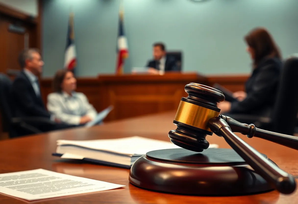 Courtroom setting with judge and legal documents, representing healthcare fraud case