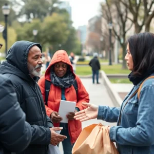 Outreach team providing support to homeless individuals in San Diego park