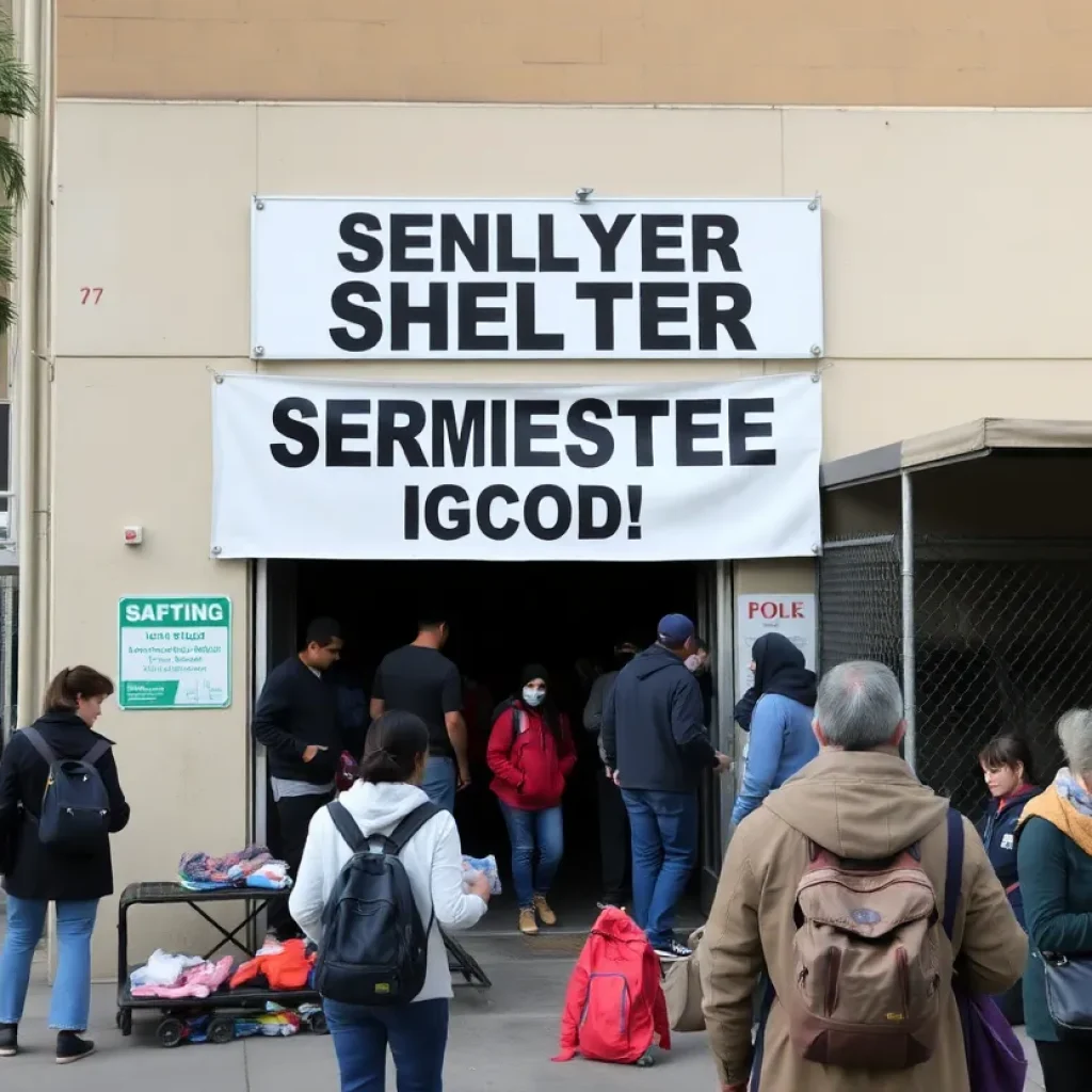 Exterior view of a homeless shelter in downtown San Diego with individuals seeking refuge.