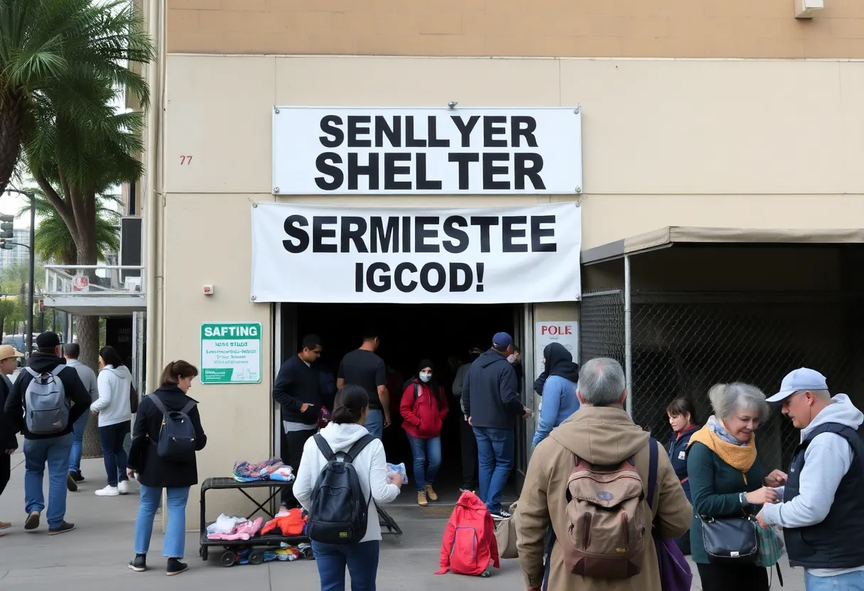 Exterior view of a homeless shelter in downtown San Diego with individuals seeking refuge.