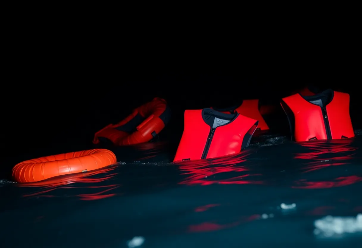 Life jackets in the ocean representing a tragic human smuggling incident.