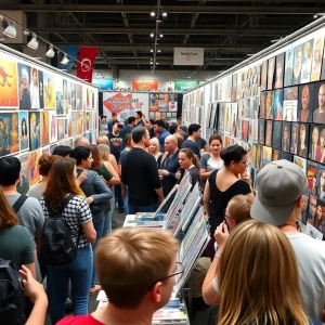 Karen Hallion's artist booth at San Diego Comic-Con showcasing vibrant art merchandise.