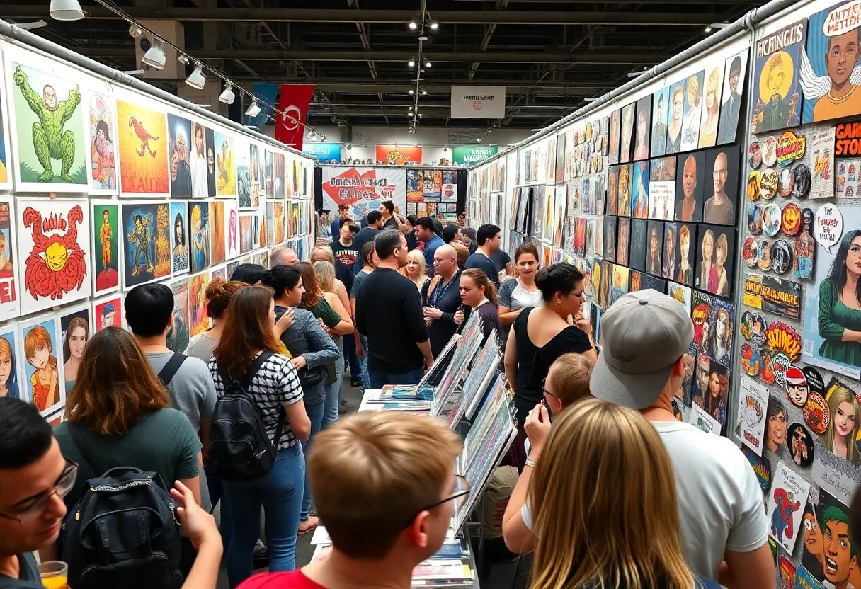 Karen Hallion's artist booth at San Diego Comic-Con showcasing vibrant art merchandise.