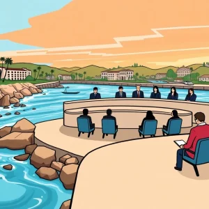 Illustration of a city council meeting regarding La Jolla cityhood.