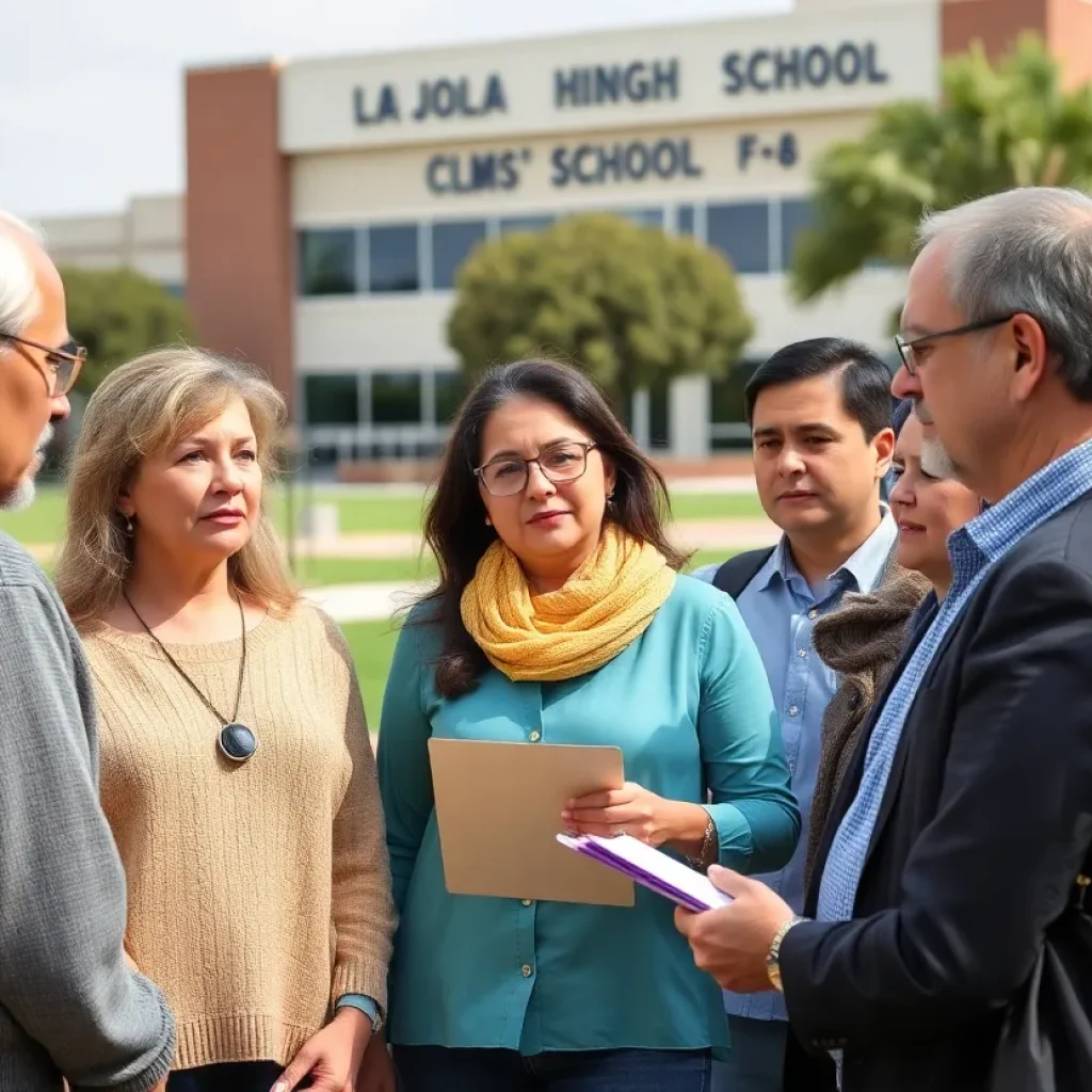 Parents discussing educational concerns outside La Jolla High School.