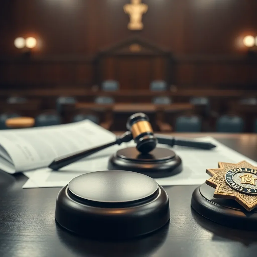 Courtroom with legal documents and a gavel representing police accountability