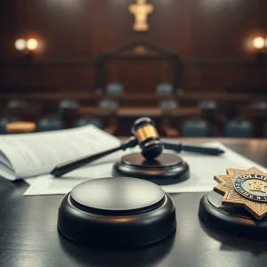 Courtroom with legal documents and a gavel representing police accountability