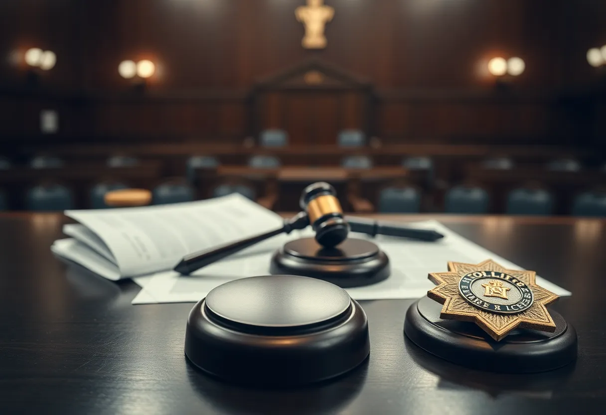 Courtroom with legal documents and a gavel representing police accountability
