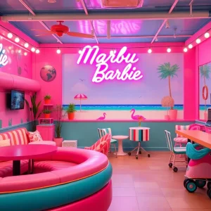 Malibu Barbie Cafe with colorful decor and roller rink
