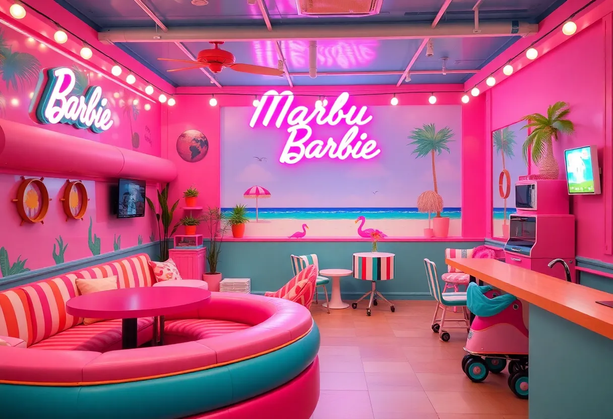 Malibu Barbie Cafe with colorful decor and roller rink