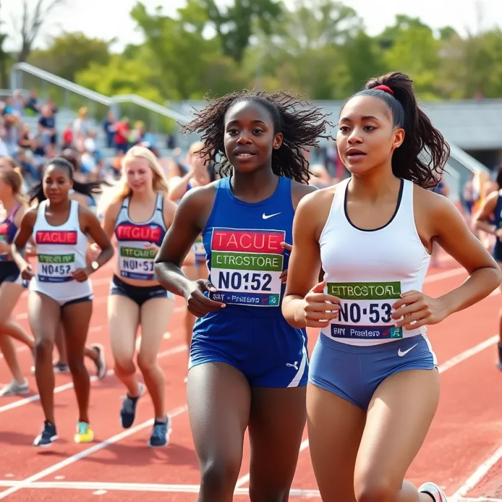 Athletes from the Michigan women's track and field team during a competition.