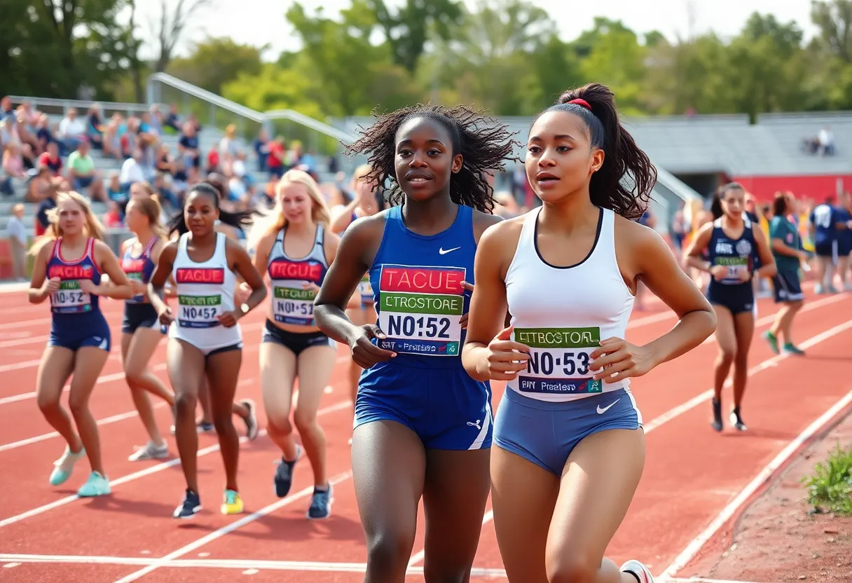 Athletes from the Michigan women's track and field team during a competition.