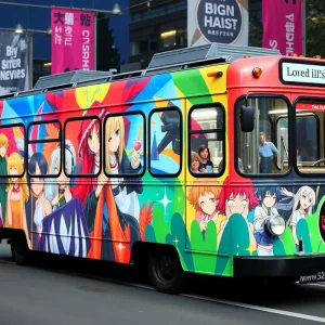 Colorful MTS trolley featuring anime themed wraps