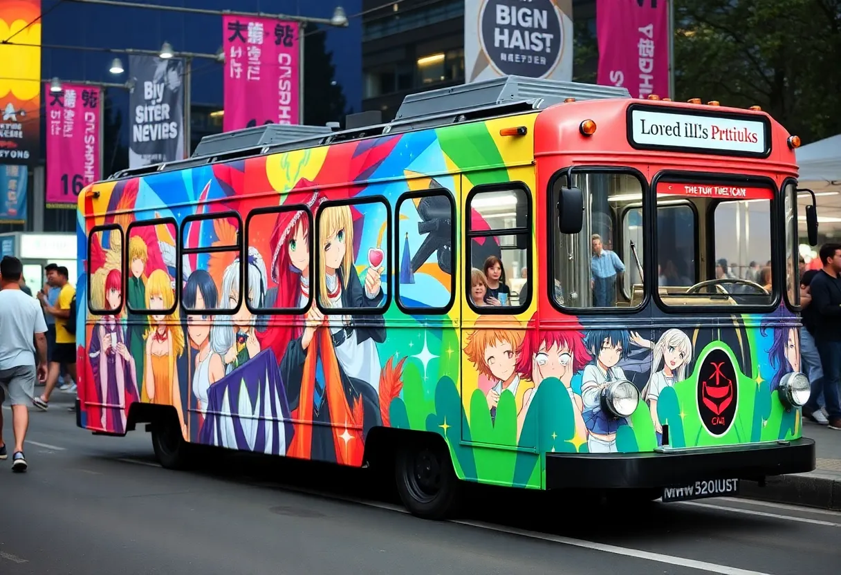 Colorful MTS trolley featuring anime themed wraps